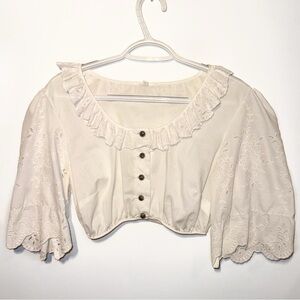 Vintage Cropped White Blouse with Floral Details